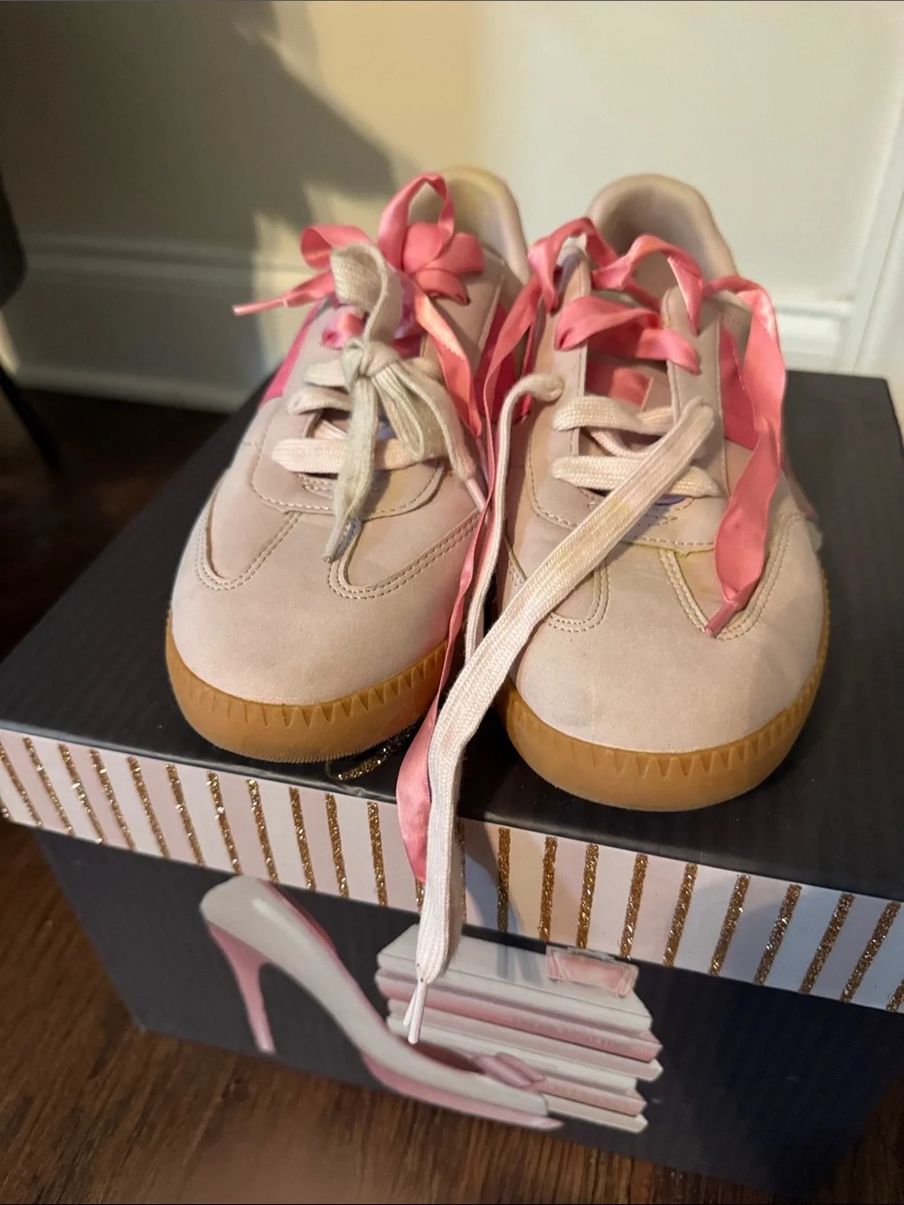 wonder nation Pink Suede Sneakers with Pink Satin Ribbon Laces